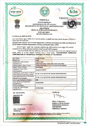 Download India Department of municipal administration of Telangana death certificate Photoshop template